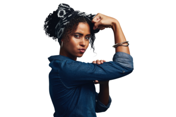 Strong, woman and portrait of fight for gender equality, power and feminism on isolated, transparent or png background. Flex, arms and icon with confidence, pride or challenge for women empowerment