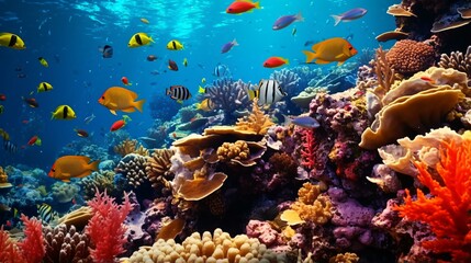 A vibrant coral reef teeming with a diverse array of fish