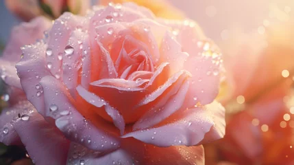 Poster A vibrant pink rose covered in sparkling water droplets © KWY