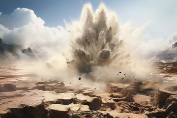 A massive rock explosion in the desert