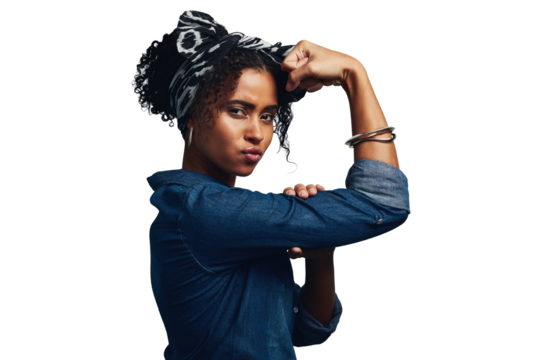 Strong, woman and portrait of fight for gender equality, power and feminism on isolated, transparent or png background. Flex, arms and icon with confidence, pride or challenge for women empowerment