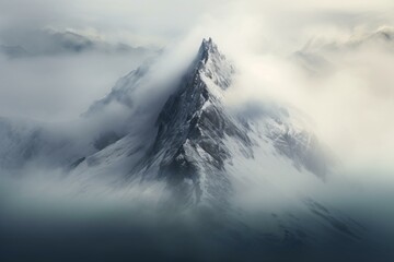 A majestic mountain enveloped in mist and clouds