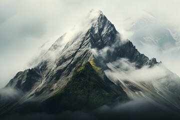 A majestic mountain peak shrouded in mist and clouds