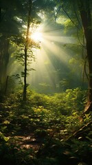 Obraz premium Sunlight streaming through a dense forest