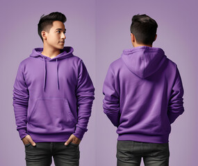 Front and back view of a purple hoodie mockup for design print