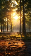 Sunlight streaming through trees in a park