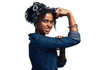 Strong, woman and portrait of fight for gender equality, power and feminism on isolated, transparent or png background. Flex, arms and icon with confidence, pride or challenge for women empowerment