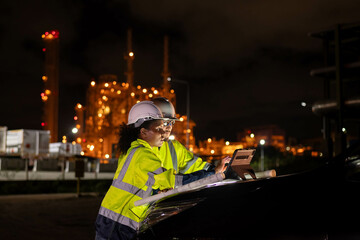 Engineers wear uniform and helmet stand in front of the car hand holding blueprint paper, survey...