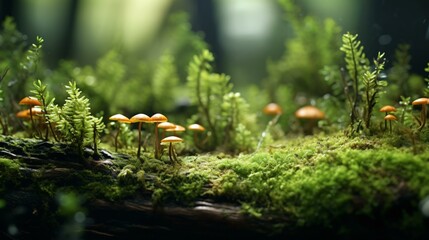 Fototapeta premium A cluster of mushrooms in a lush mossy forest