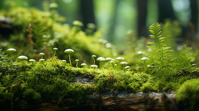 A cluster of white mushrooms in a vibrant green forest