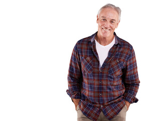 Portrait, happy and senior man with confidence isolated on a transparent png background. Smile, elderly and person with hands in pocket in casual clothes for fashion, style and retirement in Canada