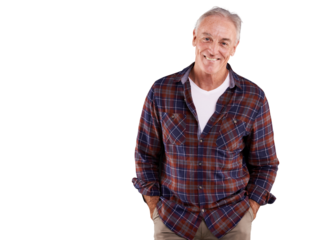 Portrait, happy and senior man with confidence isolated on a transparent png background. Smile, elderly and person with hands in pocket in casual clothes for fashion, style and retirement in Canada
