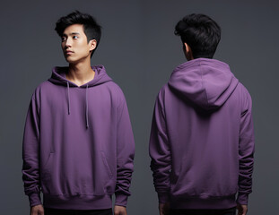 Front and back view of a purple hoodie mockup for design print