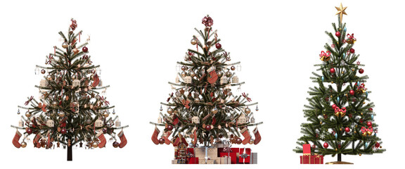 Christmas tree with decorations, isolated on white background, 3D illustration, cg render
