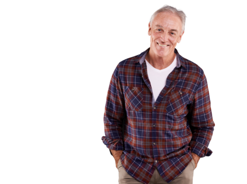 Portrait, happy and senior man with confidence isolated on a transparent png background. Smile, elderly and person with hands in pocket in casual clothes for fashion, style and retirement in Canada - Powered by Adobe