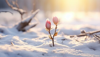 Two pink flowers blooming in the snowy landscape - obrazy, fototapety, plakaty