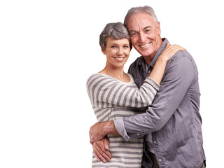 Embrace, smile and portrait of old couple isolated on transparent png background in trust, love and...