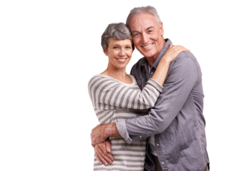 Embrace, smile and portrait of old couple isolated on transparent png background in trust, love and care. Support, senior man and happy woman hug in romantic bonding, marriage and retirement together