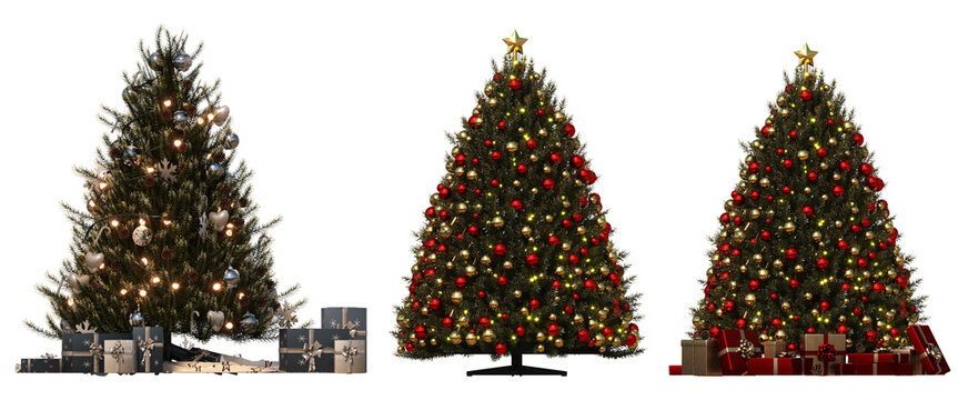 Christmas tree with decorations, isolate on a transparent background, 3d illustration, cg render