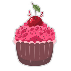 Creamy cup cake with cherry. Hand drawing sketch.