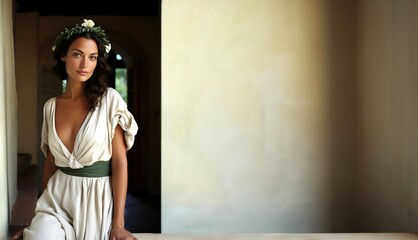 Fototapeta premium Woman in white dress, antique setting