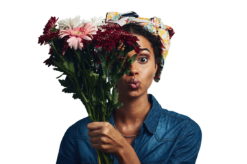 Flowers, pout and portrait of woman with fashion on isolated, png and transparent background. Natural beauty, creative and comic face of person with bouquet, plant and floral art for spring aesthetic