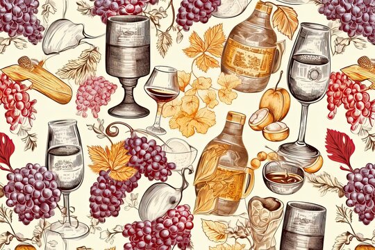A hand drawing seamless pattern of wine and beer