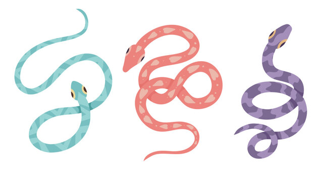 Vector set of cartoon snakes isolated from white background. Clipart collection of serpents in various poses in pastel colors