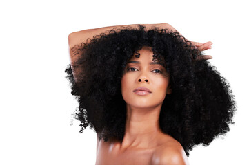 Makeup, health and portrait of young black woman with natural, cosmetic and selfcare for curly hair. Clean, glow and African female model with afro treatment isolated by transparent png background.