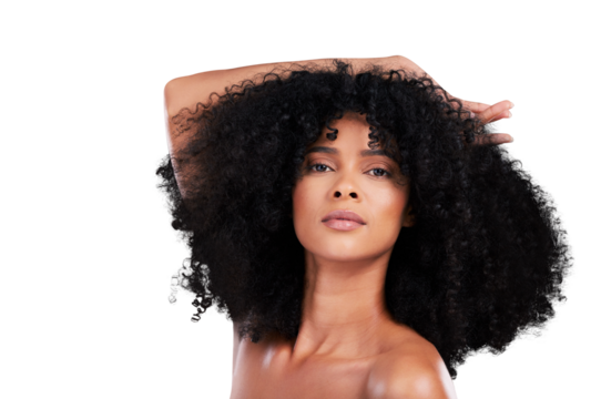 Makeup, health and portrait of young black woman with natural, cosmetic and selfcare for curly hair. Clean, glow and African female model with afro treatment isolated by transparent png background.