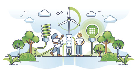 Clean energy revolution and green electricity production outline concept. Using sustainable alternative power source for lighting as nature friendly solution vector illustration. Effective LED lights