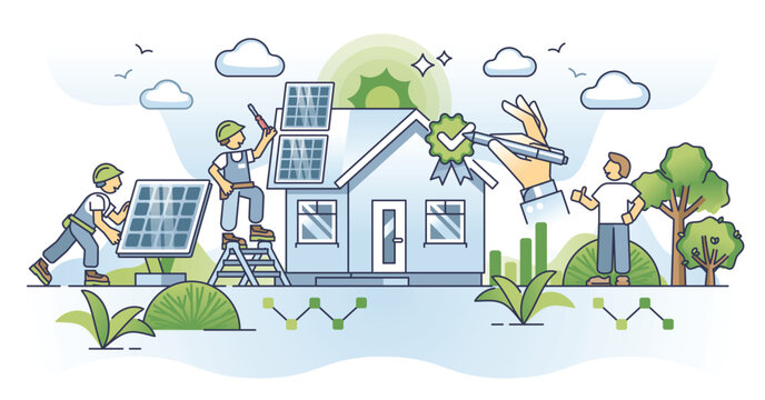 Eco friendly home transition as solar panels electrification outline concept. Green and sustainable building transformation for environmental and effective electricity consumption vector illustration