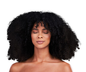 Natural hair, woman with afro and face, beauty glow and cosmetic care isolated on png transparent background. Haircare, wellness and curly hairstyle with salon treatment, texture and growth with calm