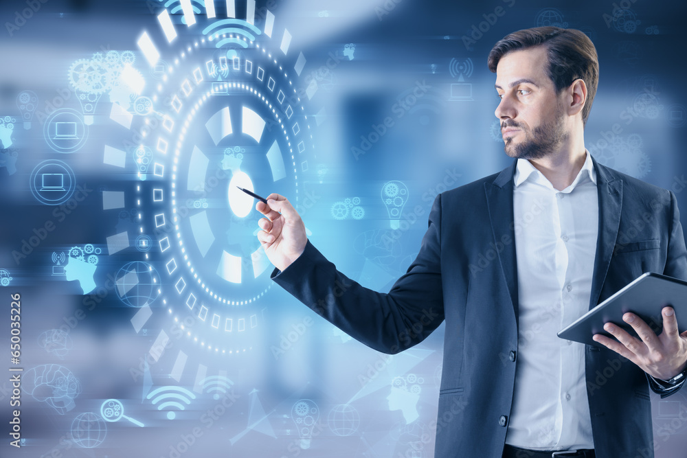 Poster attractive european businessman with pen using glowing digital business interface with cogwheels and