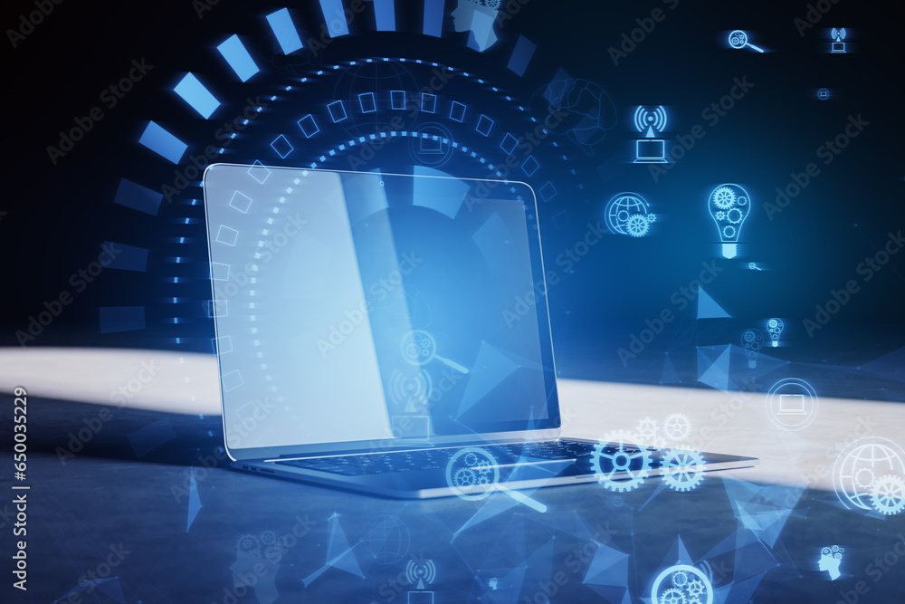 Poster Close up of laptop with glowing digital business interface with cogwheels and other icons on blurry background. Future, innovation and technology concept. 3D Rendering.