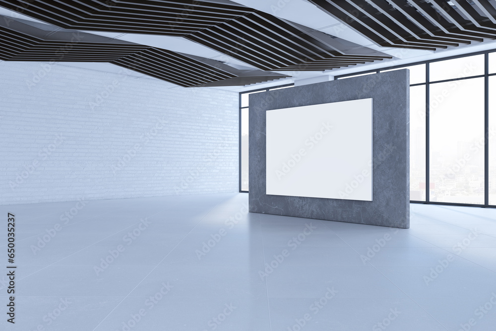 Poster modern empty spacious concrete interior with blank white mock up poster on walls, windows, city view