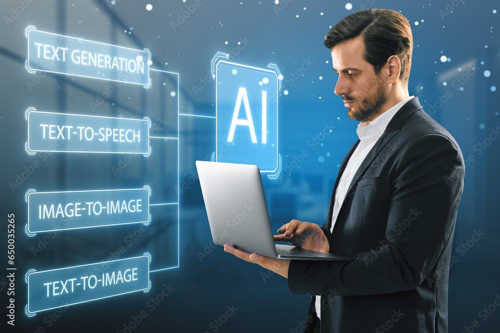 Poster attractive young european businessman using laptop with creative ai interface on blurry blue backgro