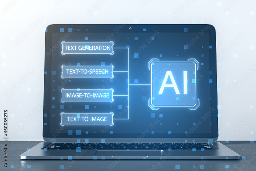 Aufkleber Close up of laptop computer with creative AI interface on blurry light background. Artificial intelligence, innovation and robotics concept. 3D Rendering.