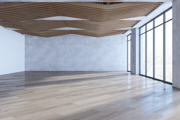Contemporary empty spacious concrete interior with mock up place on wall, wooden flooring, windows, city view and daylight. 3D Rendering.