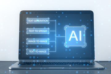 Close up of laptop computer with creative AI interface on blurry light background. Artificial intelligence, innovation and robotics concept. 3D Rendering.
