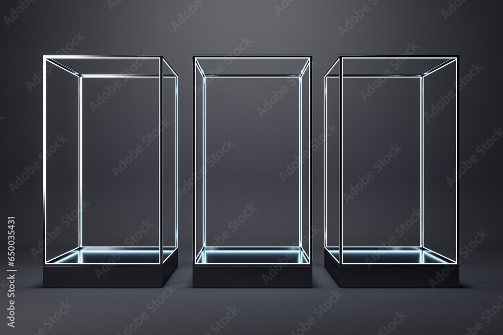 Poster creative three empty glass showcases on dark black background. products presentation and purchase co