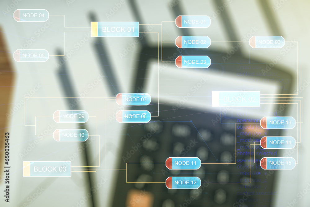 Fototapete double exposure of abstract creative programming illustration on calculator and papers background, b