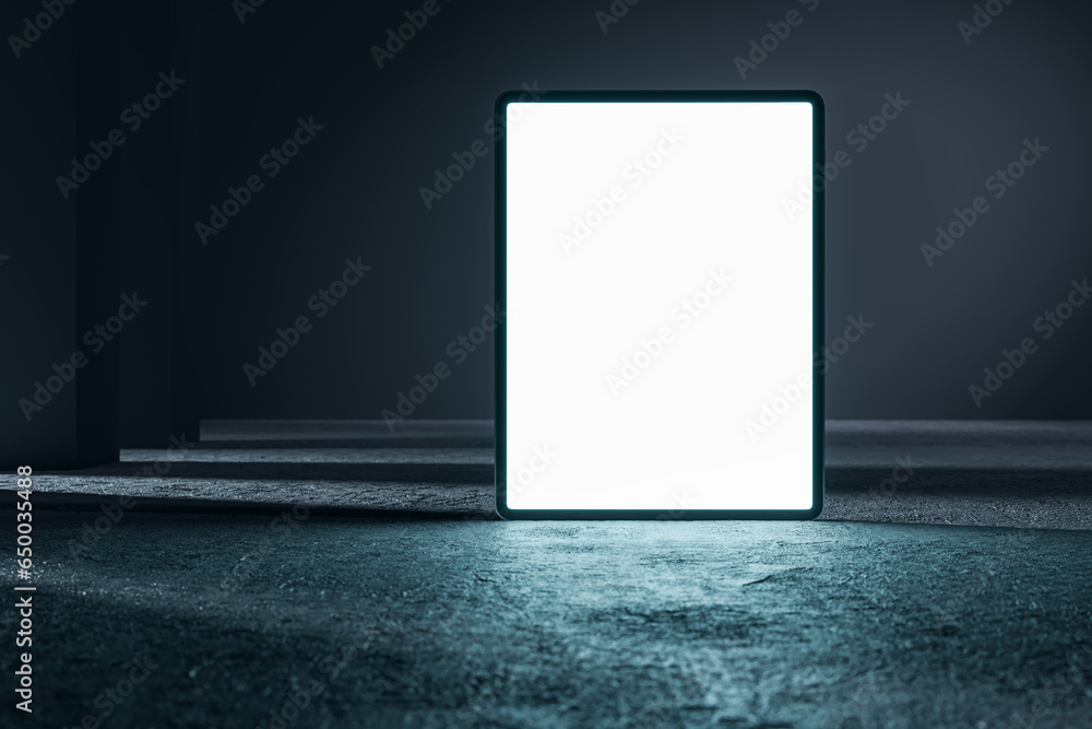 Poster Modern interior with empty huge white tablet screen, concrete flooring and mock up place. Technology and abstract presentation concept. 3D Rendering.