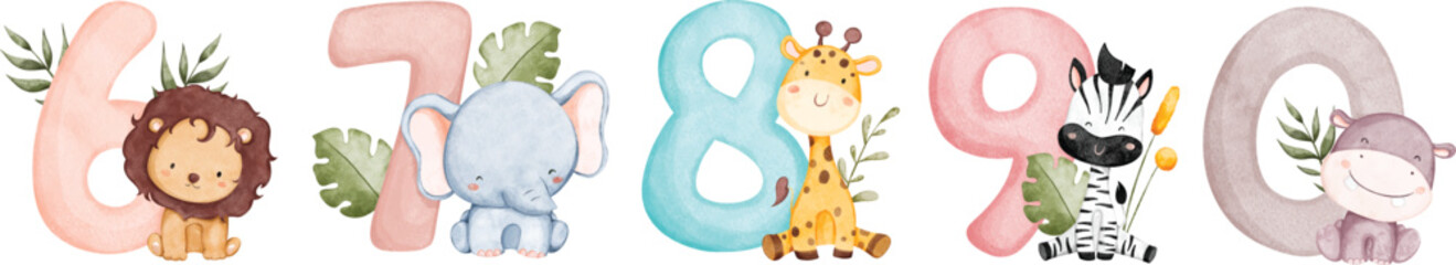 Watercolor Illustration set of numbers with cute safari animals © Stella