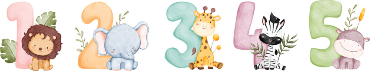 Watercolor Illustration set of numbers with cute safari animals © Stella
