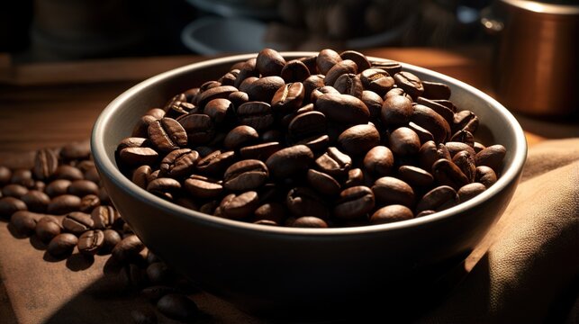  a bowl of roasted coffee beans on a wooden table next to a pot of coffee beans.  generative ai