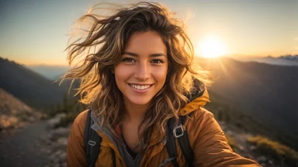 Fotobehang Happy smiling woman visiting a beautiful tourist landscape, on top of a mountain, taking a selfie photo on a beautiful sunny day, concept of healthy and free living, lifestyle, mental health © anandart