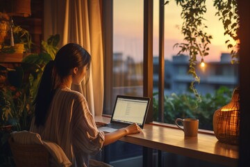 Asian woman working on laptop in the morning at home. Working from home concept.