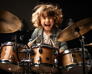 Fototapeta na wymiar smiling kid holding Drumstick in two hands, plays drums in living room