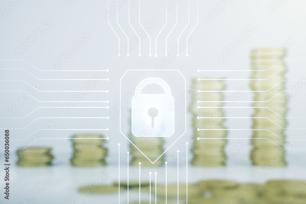 Poster virtual creative lock symbol and microcircuit illustration on stacks of coins background. protection